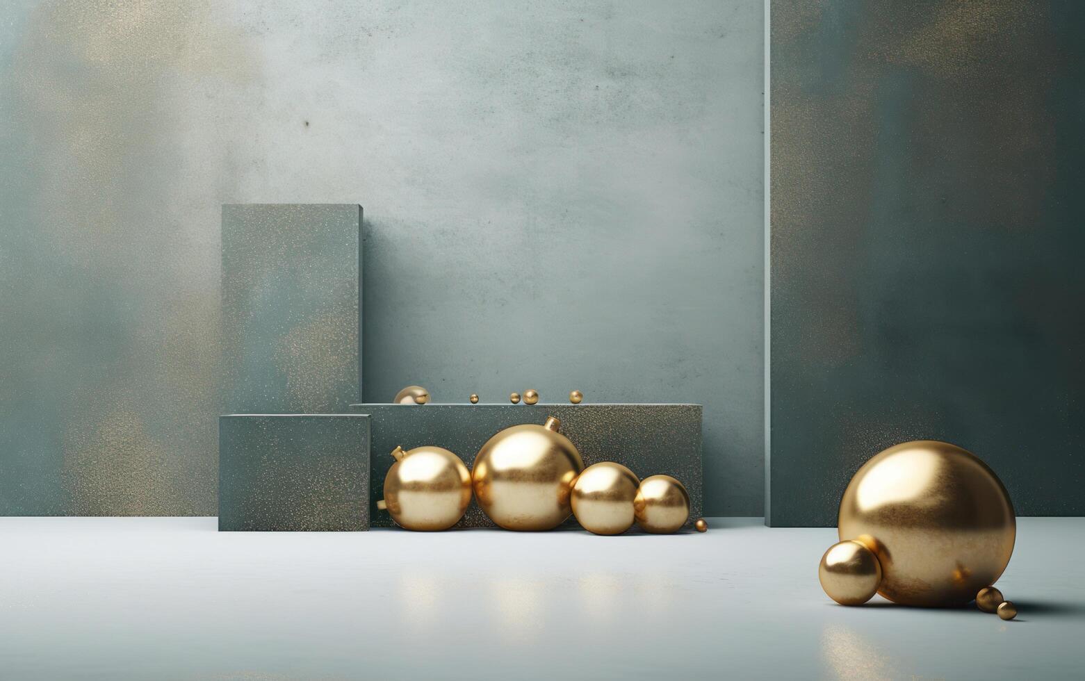 AI generated Podium with christmas decoration by deers in the style of light gray and gold. AI generated photo