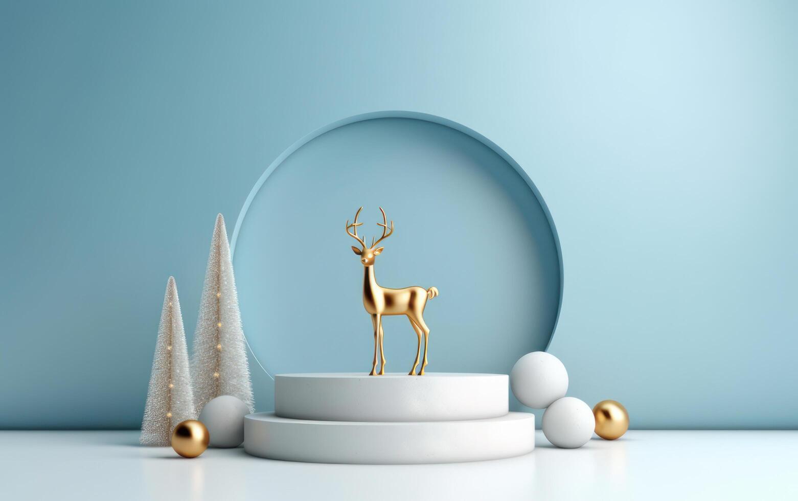 AI generated Podium with christmas decoration by deers in the style of light gray and gold. AI generated photo