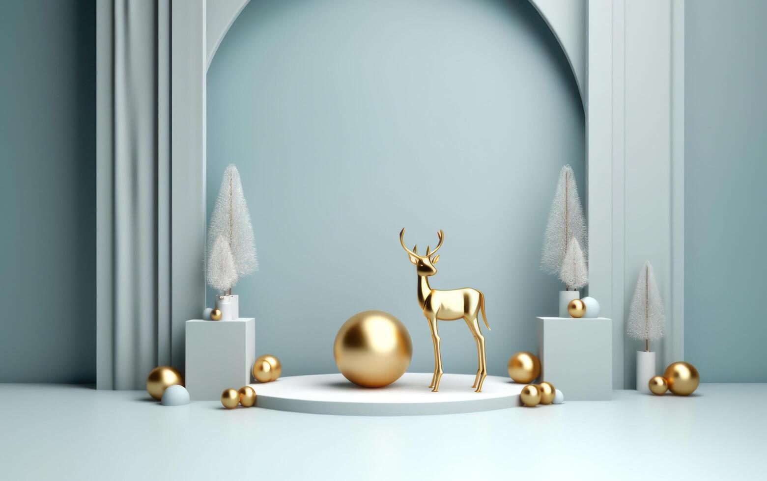 AI generated Podium with christmas decoration by deers in the style of light gray and gold. AI generated photo