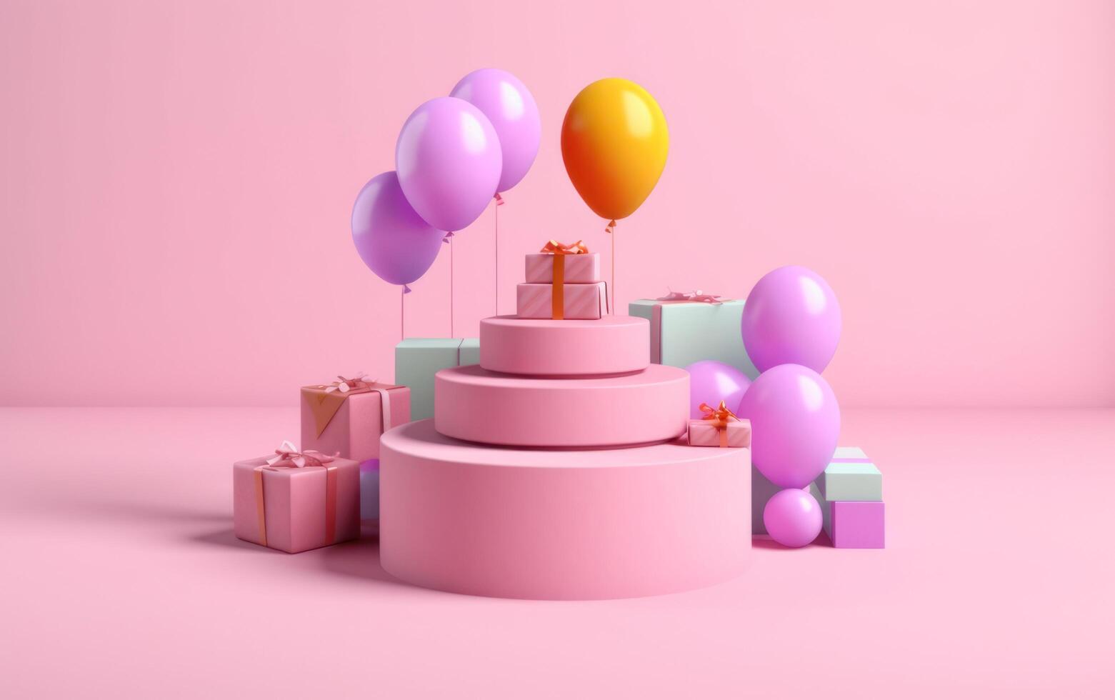 AI generated Product display podium with gift boxes and balloon on pink background. Generative AI. photo