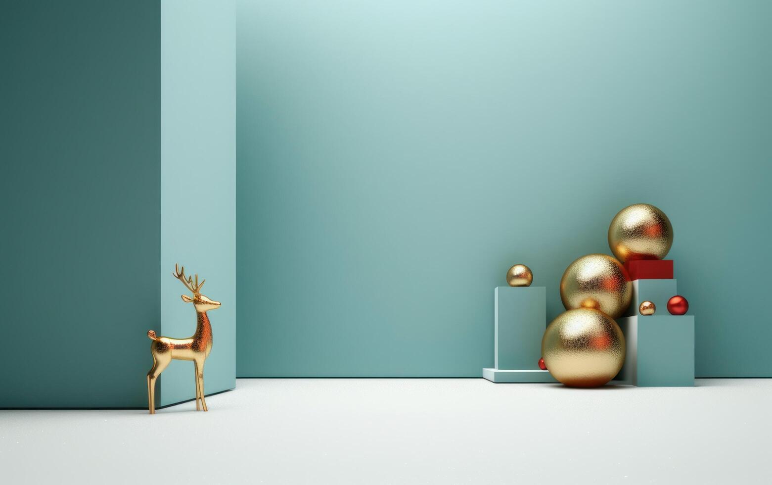 AI generated Podium with christmas decoration by deers in the style of light gray and gold. AI generated photo