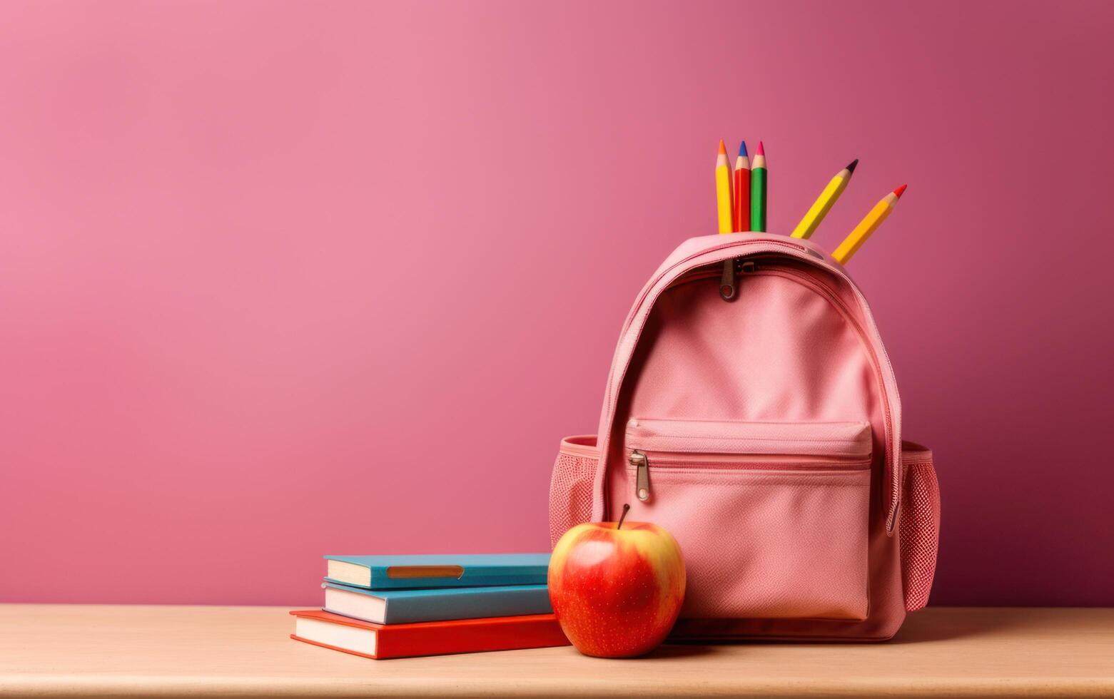 AI generated Back to school concept. School bag and balloon on table. Generative AI. photo