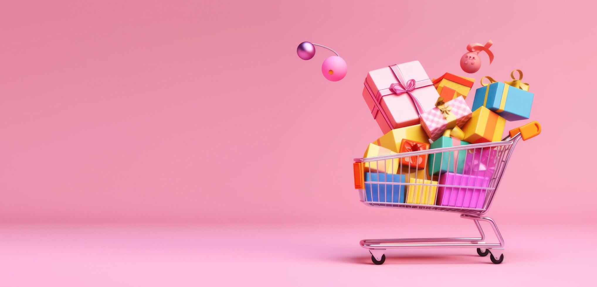 AI generated Shopping sale promotion banner. Full shopping cart on pink bachground. Valentine banner. Generative AI. photo