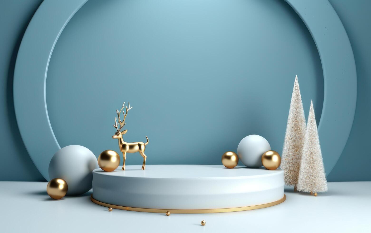 AI generated Podium with christmas decoration by deers in the style of light gray and gold. AI generated photo
