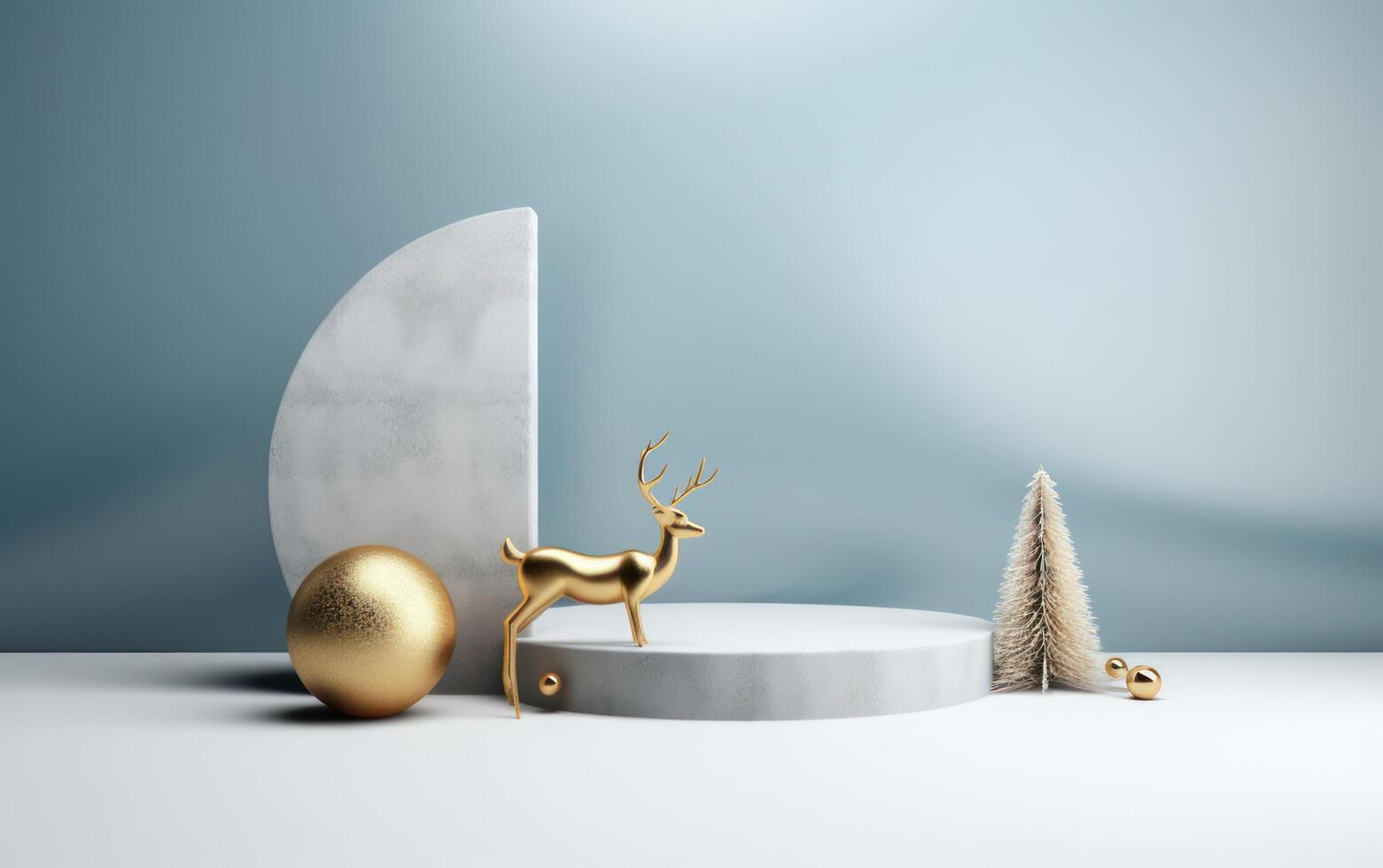 AI generated Podium with christmas decoration by deers in the style of light gray and gold. AI generated photo