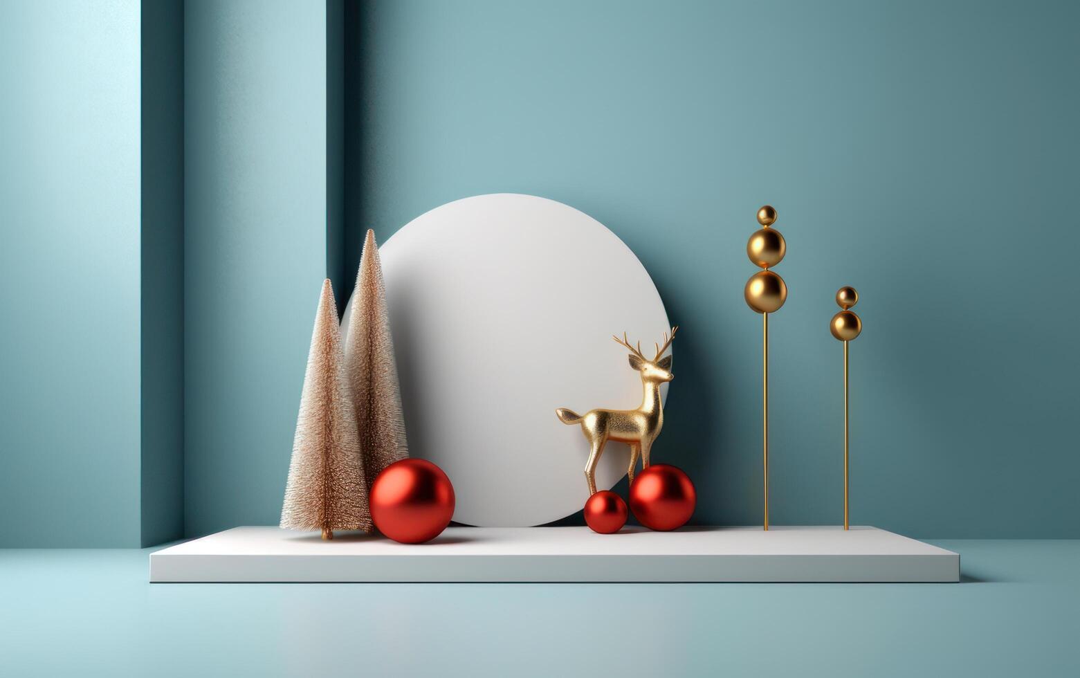 AI generated Podium with christmas decoration by deers in the style of light gray and gold. AI generated photo