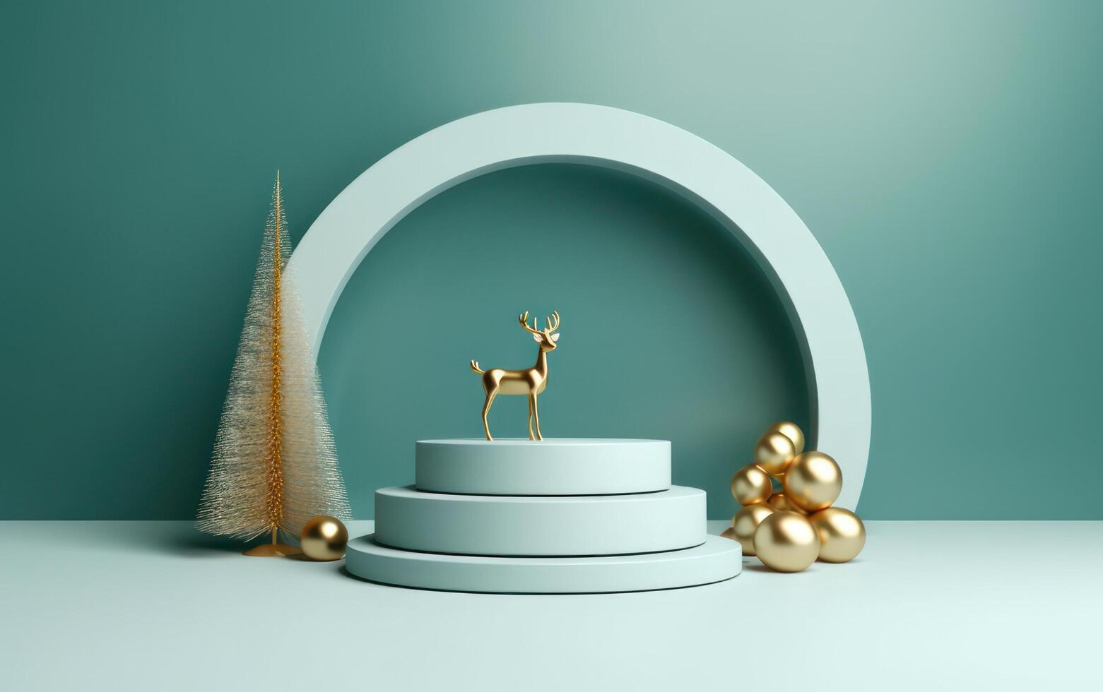 AI generated Podium with christmas decoration by deers in the style of light gray and gold. AI generated photo
