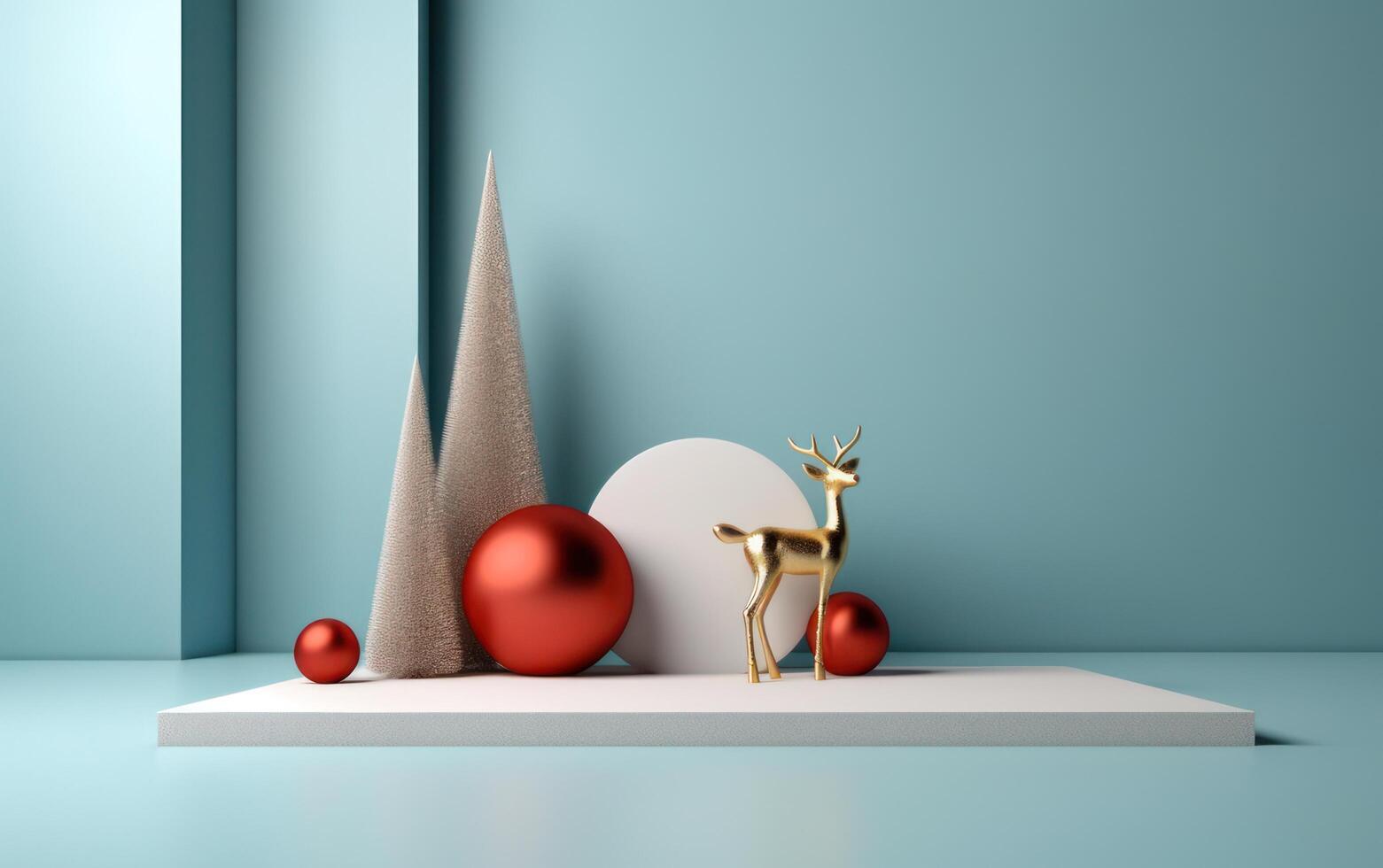 AI generated Podium with christmas decoration by deers in the style of light gray and gold. AI generated photo