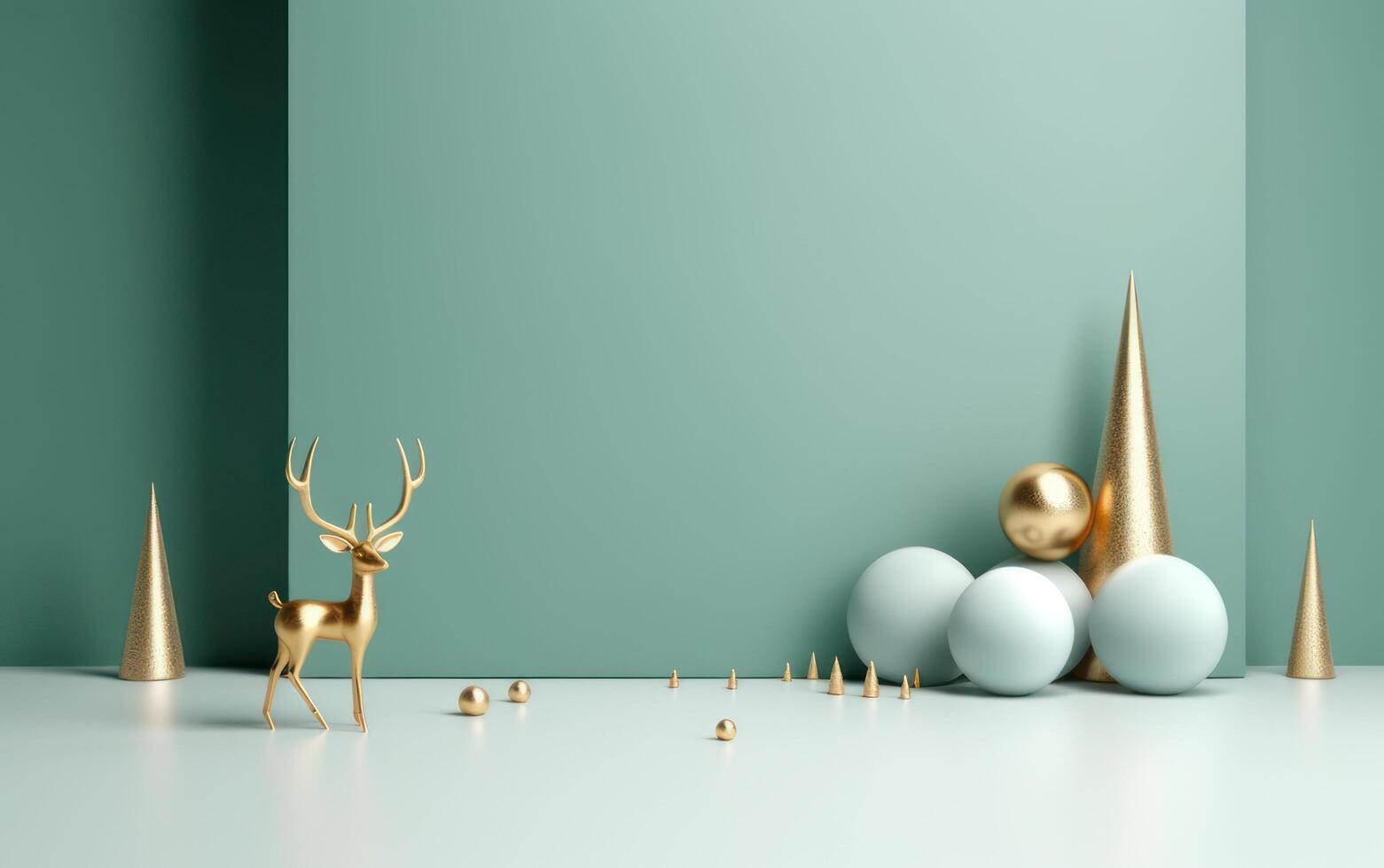AI generated Podium with christmas decoration by deers in the style of light gray and gold. AI generated photo