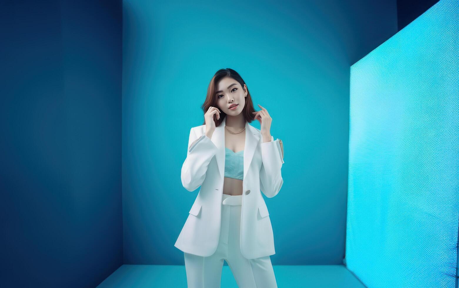 AI generated Asian beautiful business women standing isolated on blue background. Generative AI photo