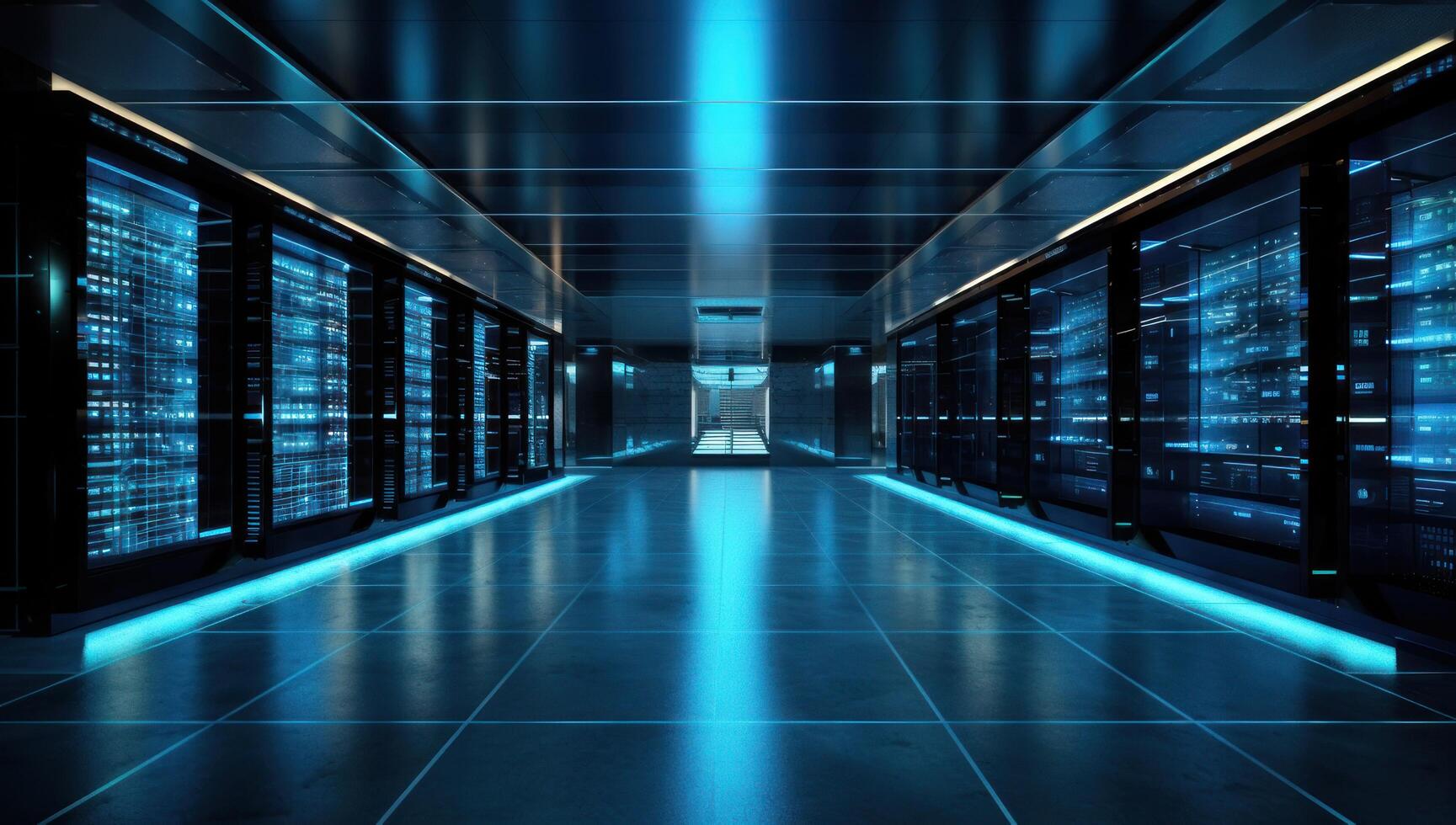AI generated A long hallway with a row of servers in the center. Data room. Generative AI photo