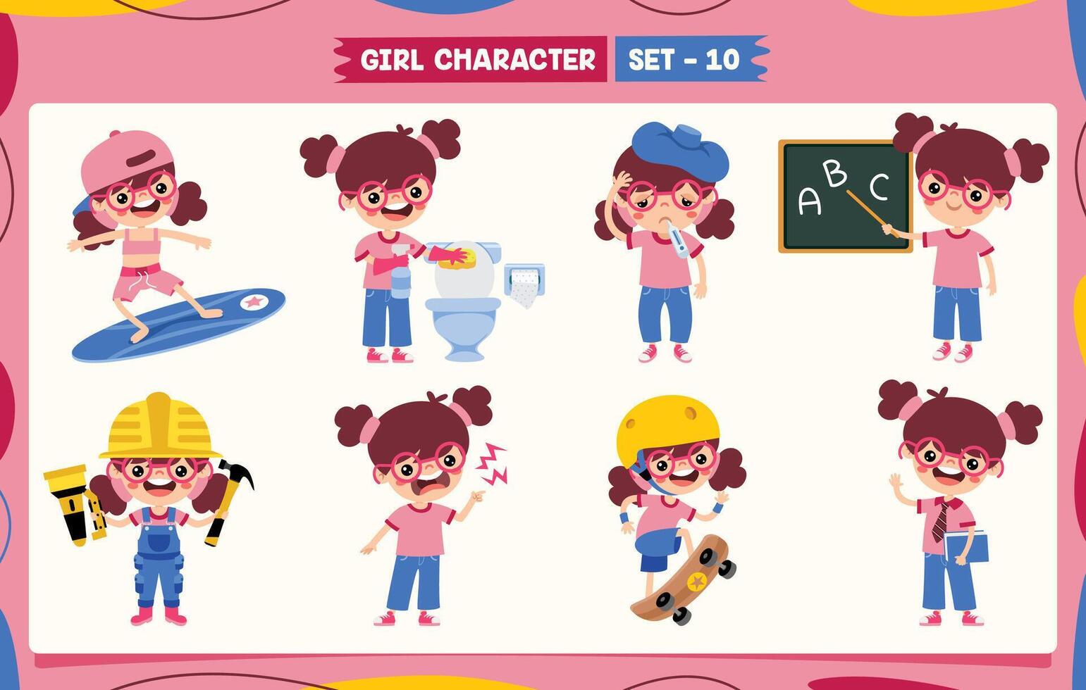 Cartoon Girl Doing Various Activities vector