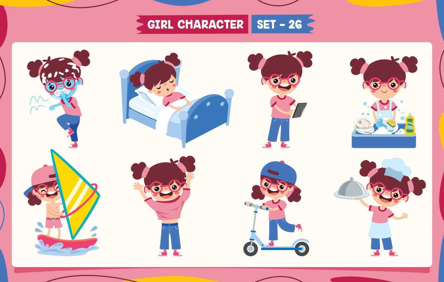 Cartoon Girl Doing Various Activities vector