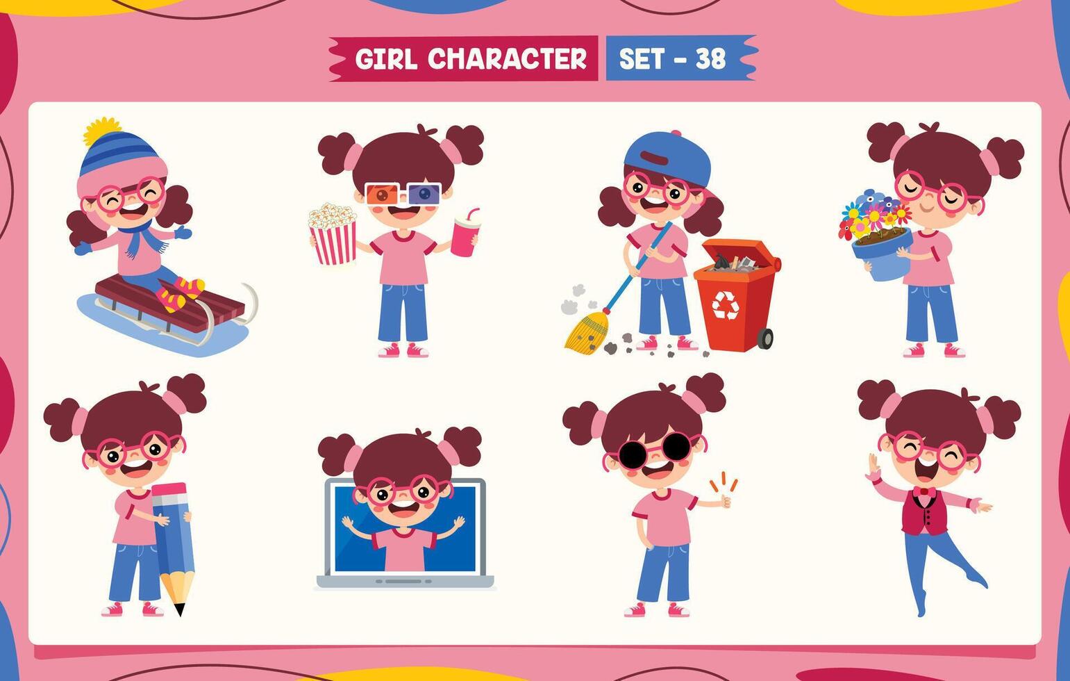 Cartoon Girl Doing Various Activities vector