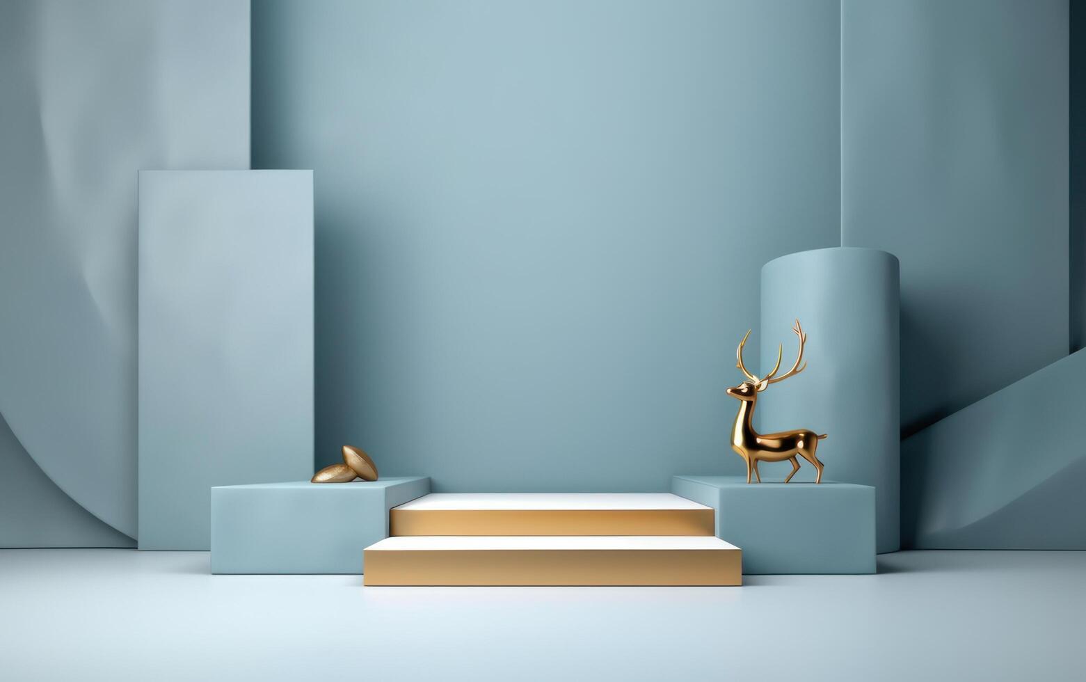 AI generated Podium with christmas decoration by deers in the style of light gray and gold. AI generated photo