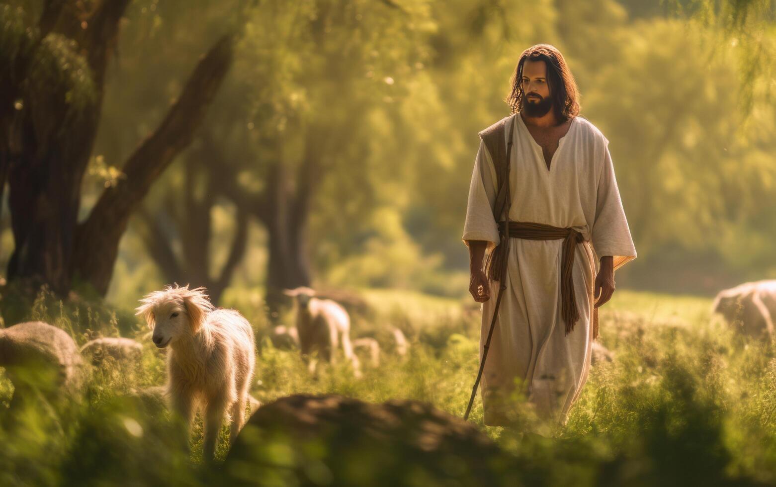 ai generado un Biblia Jesús pastor con su rebaño de oveja durante puesta de sol. generativo ai foto