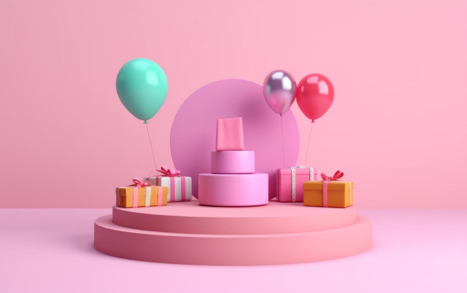 AI generated Product display podium with gift boxes and balloon on pink background. Generative AI. photo