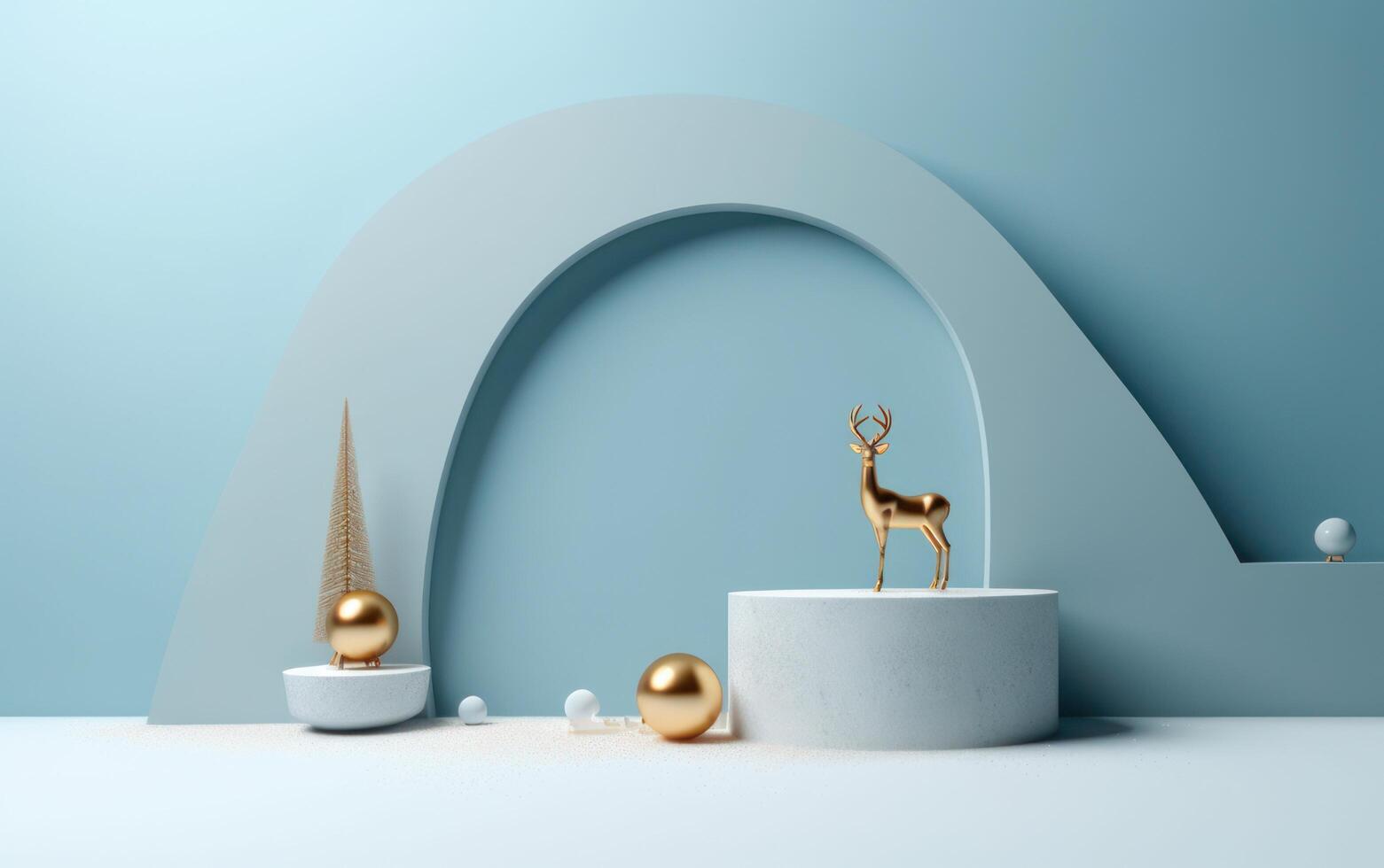 AI generated Podium with christmas decoration by deers in the style of light gray and gold. AI generated photo