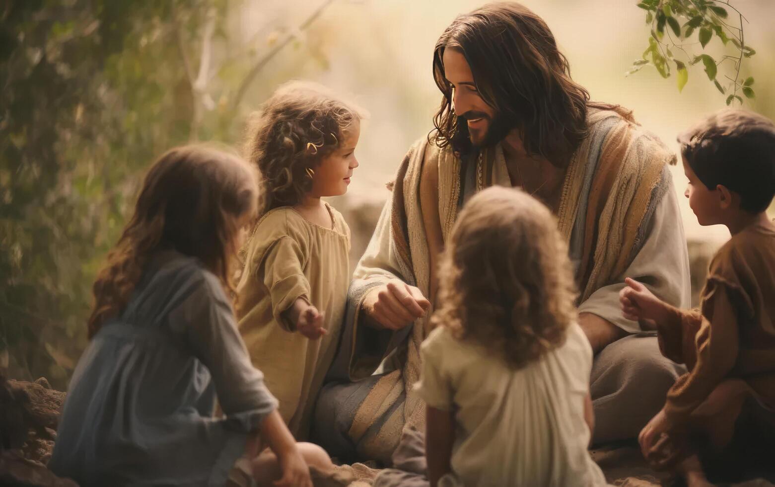 AI generated Jesus Christ talking to children, Jesus and children smiling. Generation AI photo