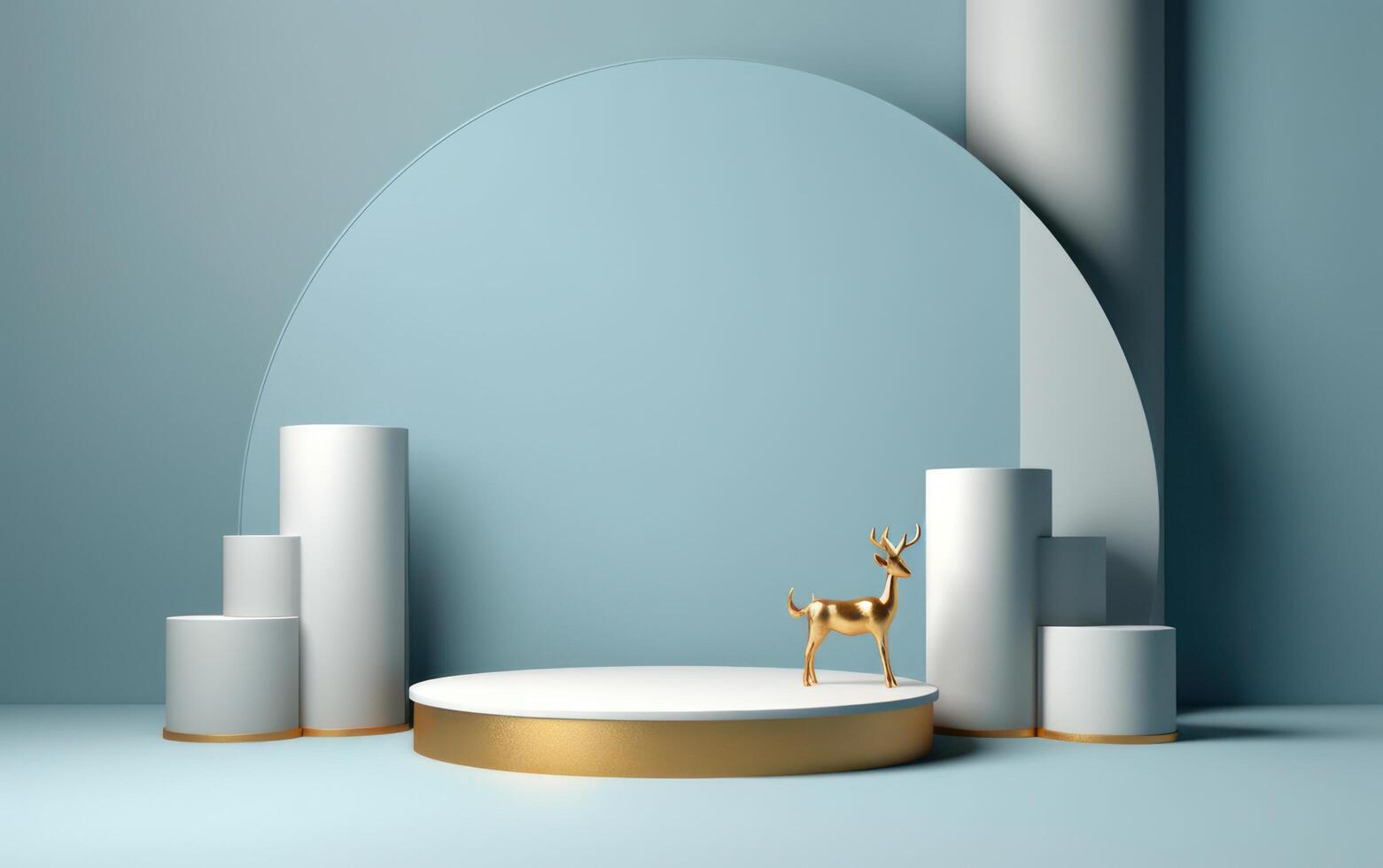 AI generated Podium with christmas decoration by deers in the style of light gray and gold. AI generated photo