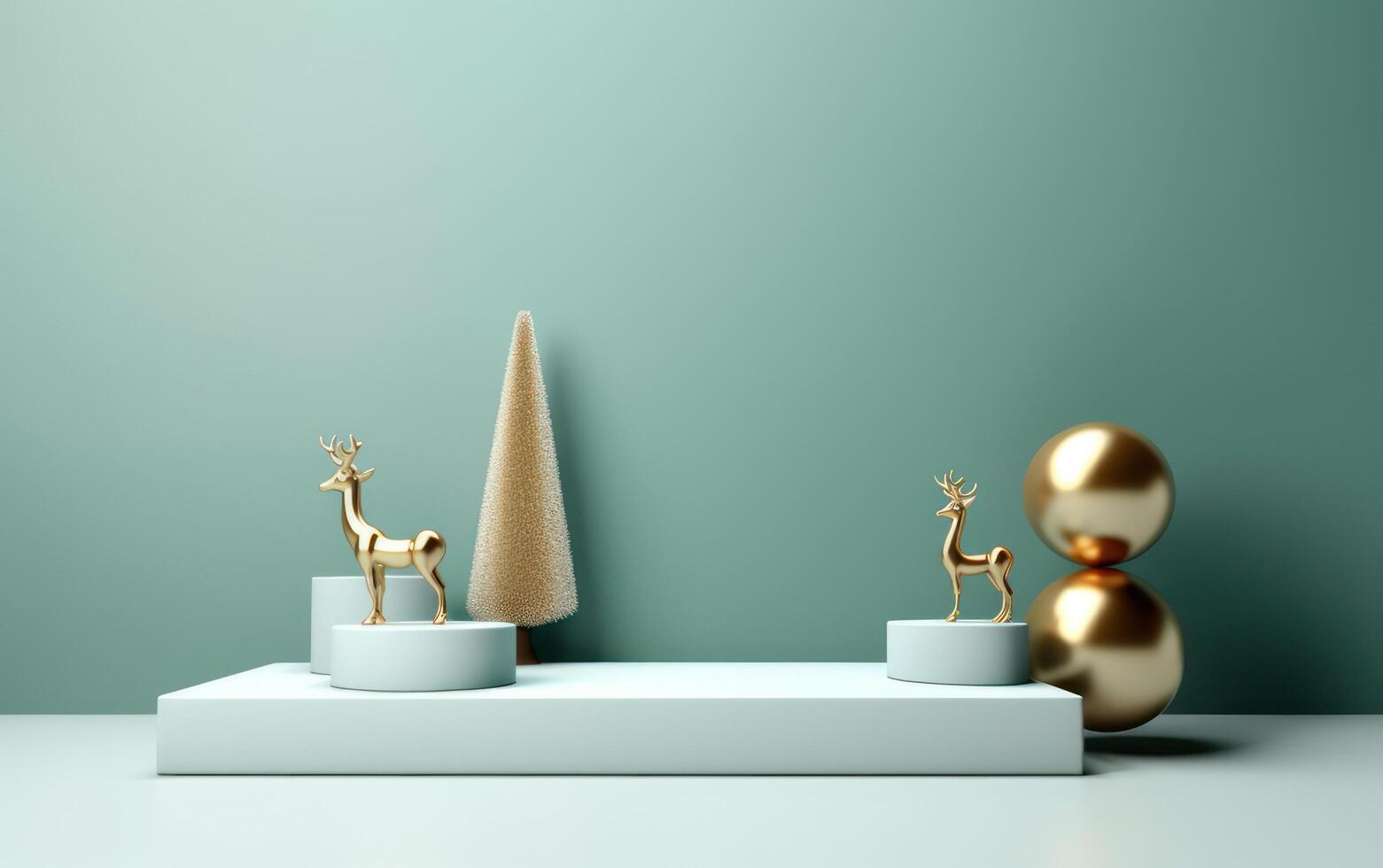 AI generated Podium with christmas decoration by deers in the style of light gray and gold. AI generated photo