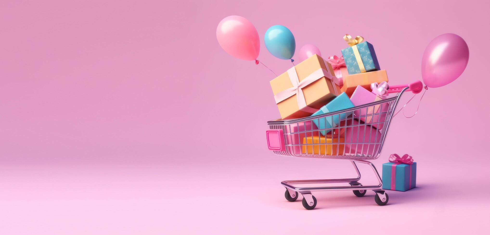 AI generated Shopping sale promotion banner. Full shopping cart on pink bachground. Valentine banner. Generative AI. photo
