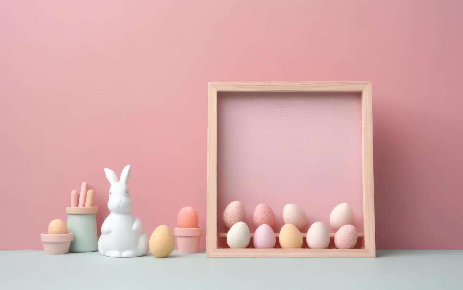 AI generated Pastel Easter eggs on pink background top view. Flat lay style. Generative AI photo