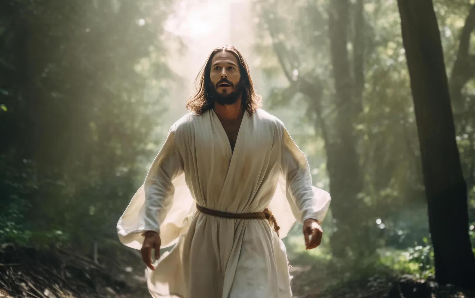 AI generated Jesus in the morning sunlight with bokeh. Generative AI photo
