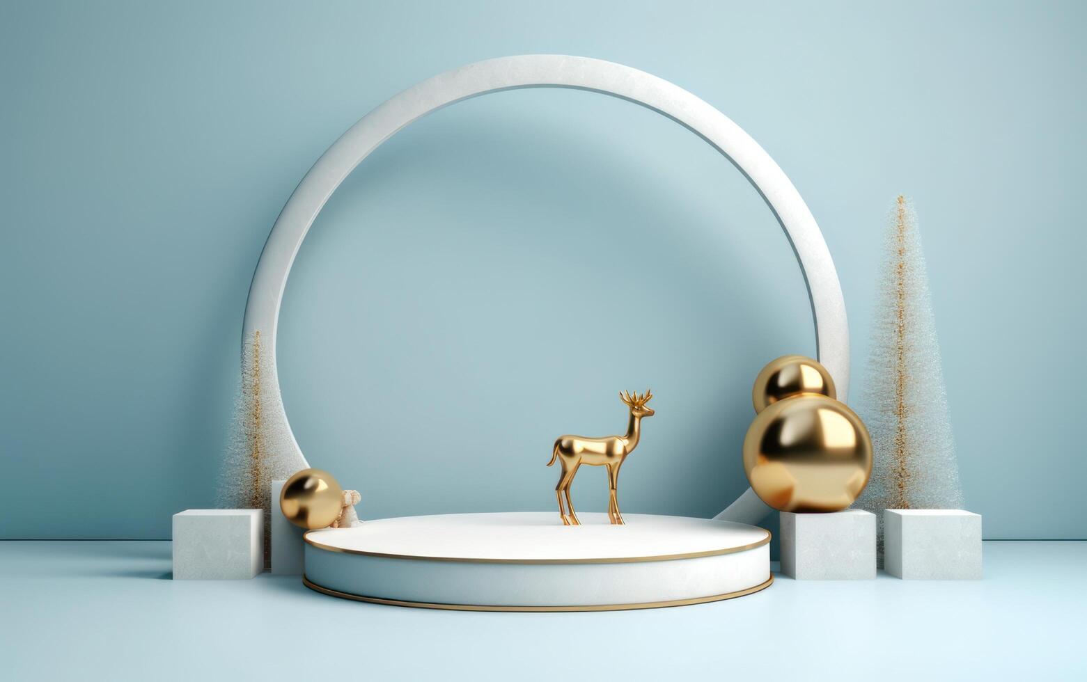 AI generated Podium with christmas decoration by deers in the style of light gray and gold. AI generated photo