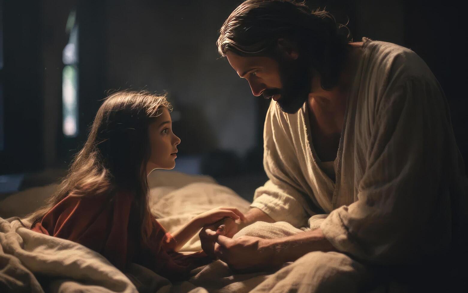 AI generated Jesus heals the daughter of Jairus. Generative AI photo