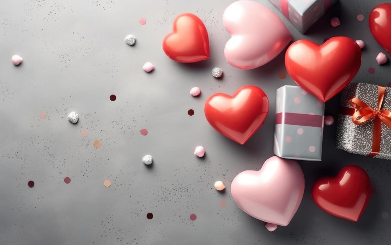 AI generated Happy Valentine's Day. Holiday wedding. happy birthday. Festive background with heart, balloons and gift box. Generative AI. photo