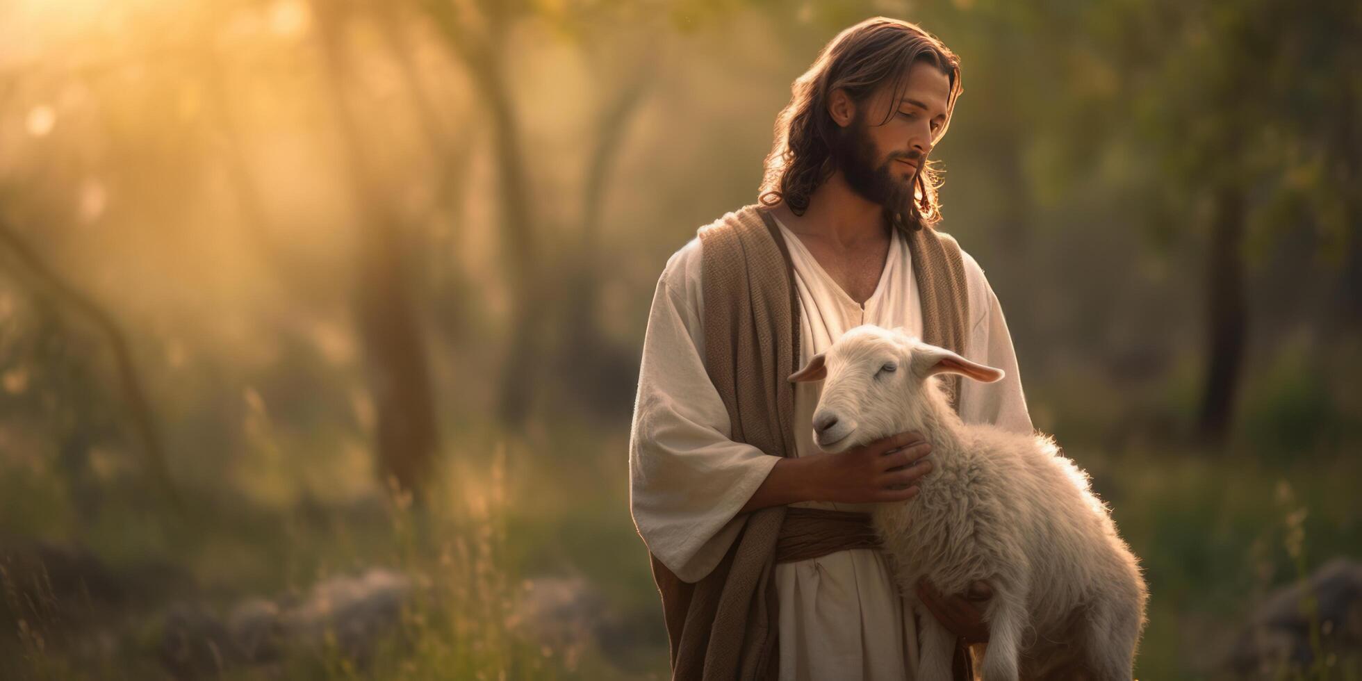 ai generado un Biblia Jesús pastor con su rebaño de oveja durante puesta de sol. generativo ai foto