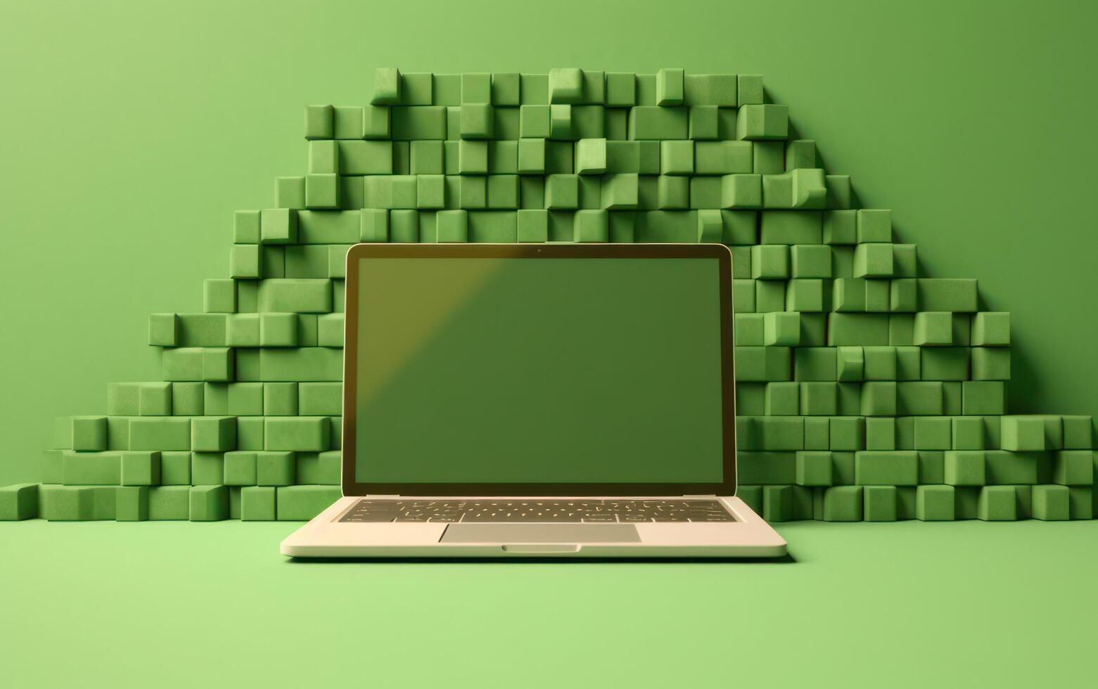 AI generated Green computer laptop on green background, sale banner, Cyber Monday sale, Generative Ai photo