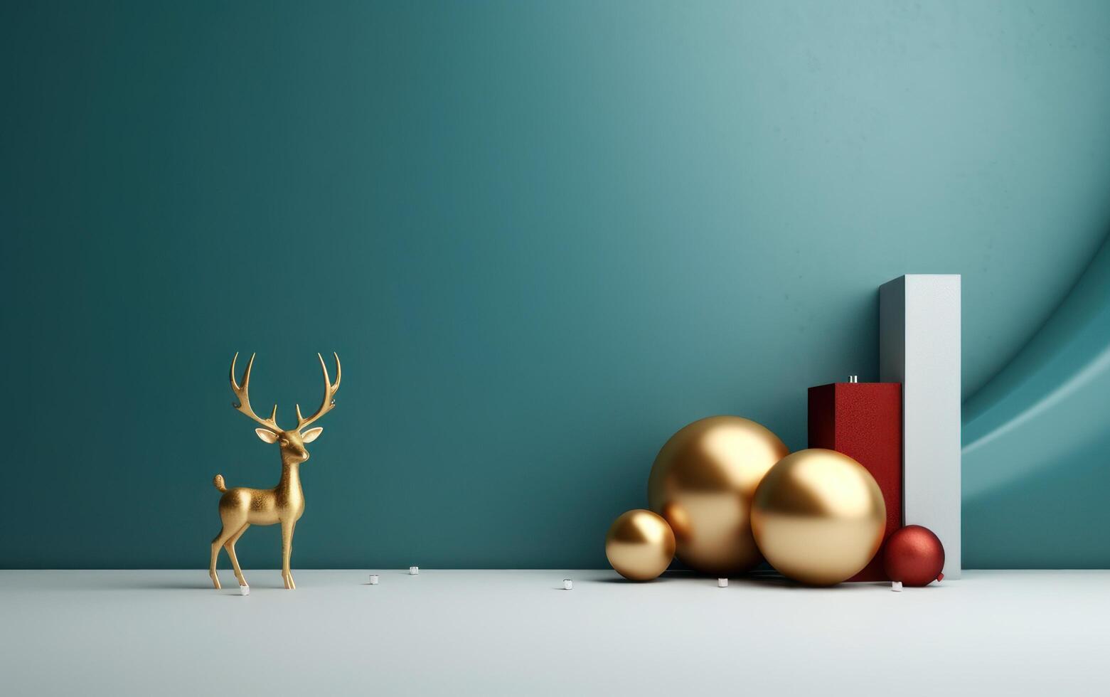 AI generated Podium with christmas decoration by deers in the style of light gray and gold. AI generated photo