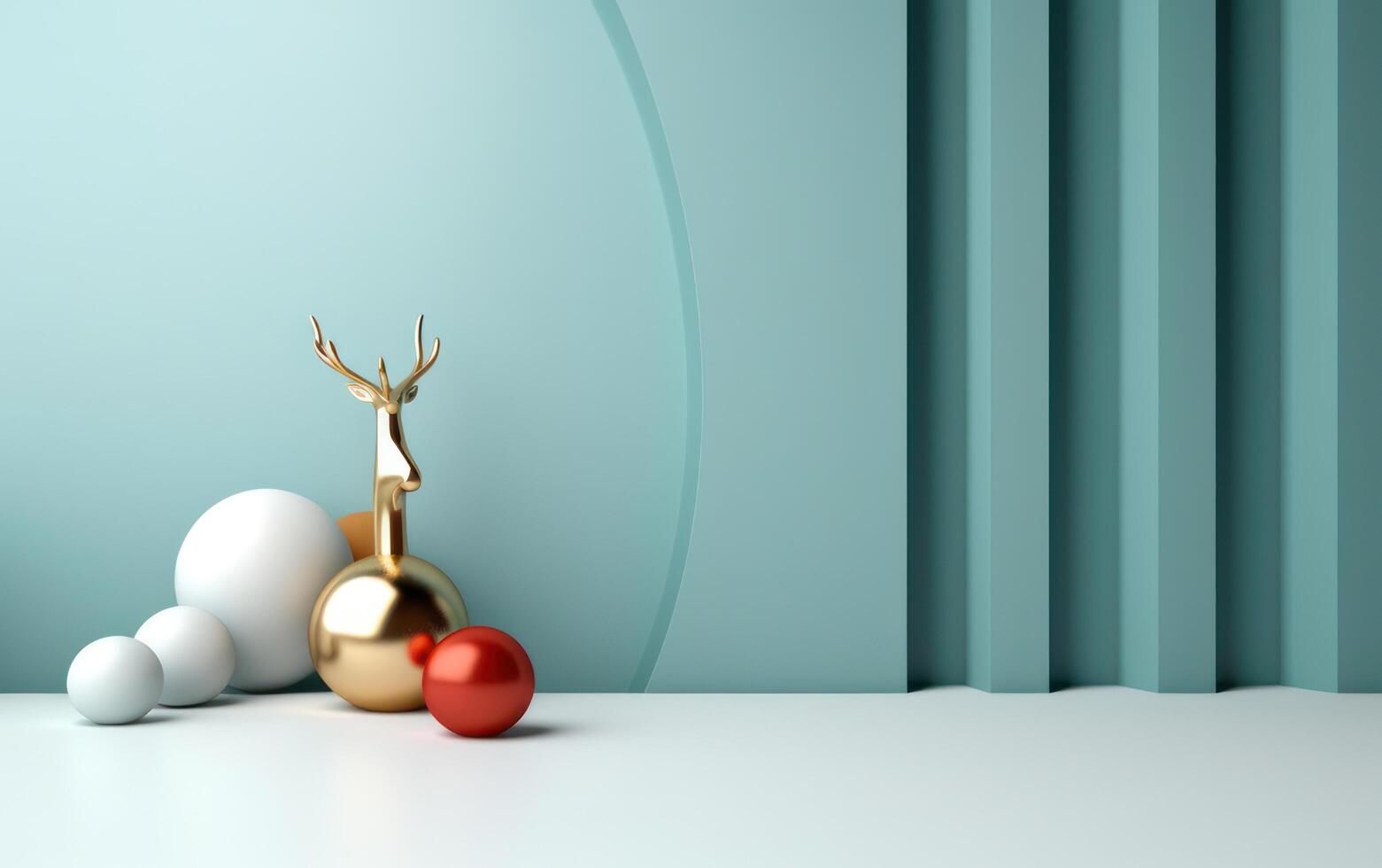 AI generated Podium with christmas decoration by deers in the style of light gray and gold. AI generated photo
