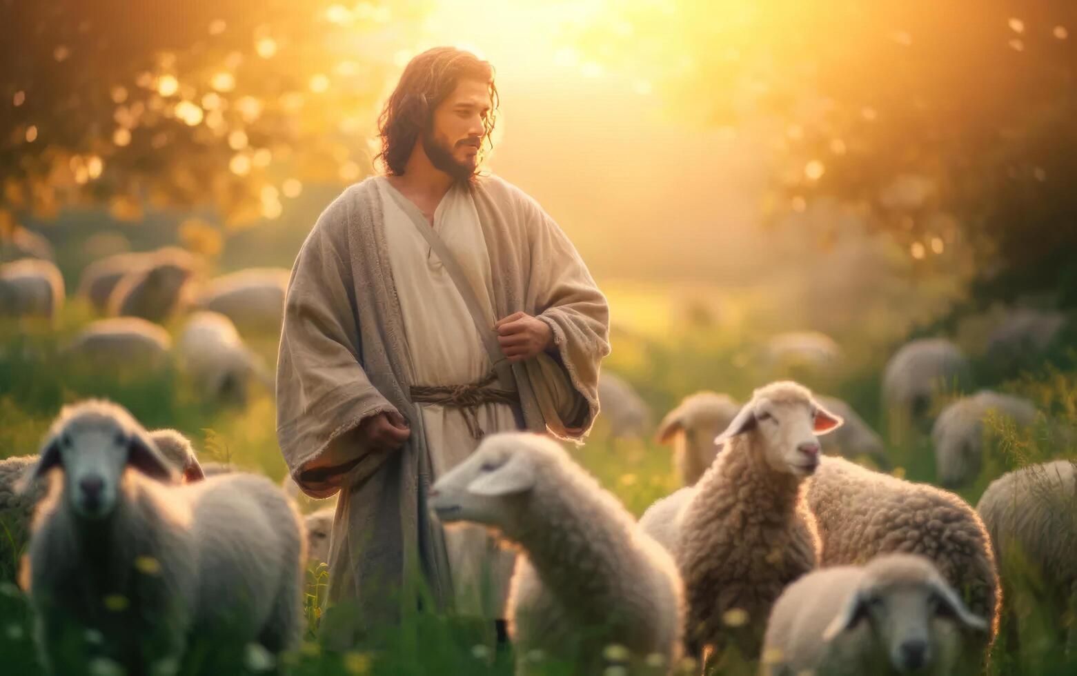 AI generated A bible jesus shepherd with his flock of sheep during sunset. Generative AI photo