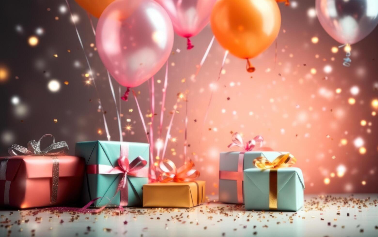 AI generated Birthday balloons with gift boxes in room. Generative AI. photo