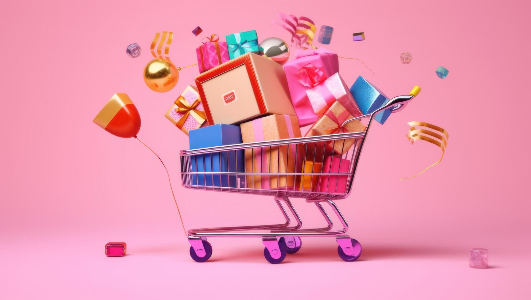 AI generated Shopping sale promotion banner. Full shopping cart on pink bachground. Valentine banner. Generative AI. photo