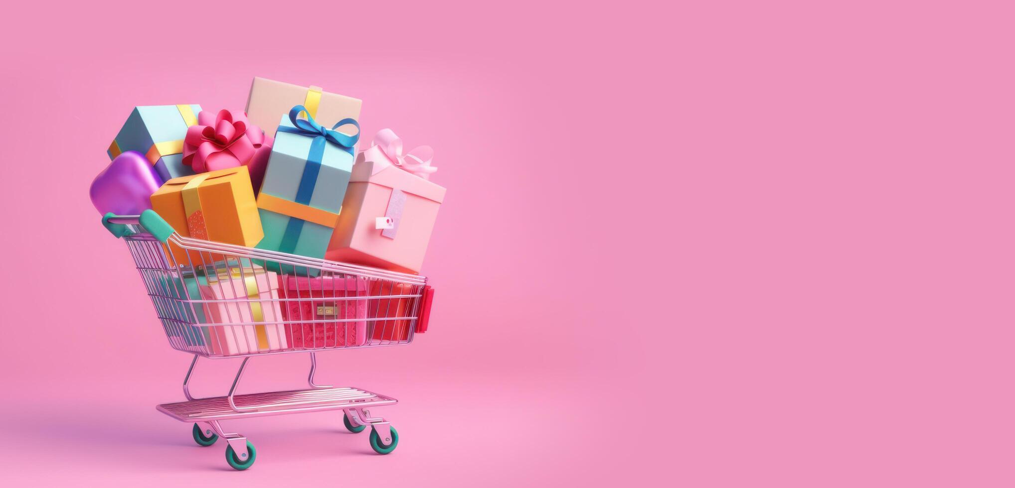 AI generated Shopping sale promotion banner. Full shopping cart on pink bachground. Valentine banner. Generative AI. photo
