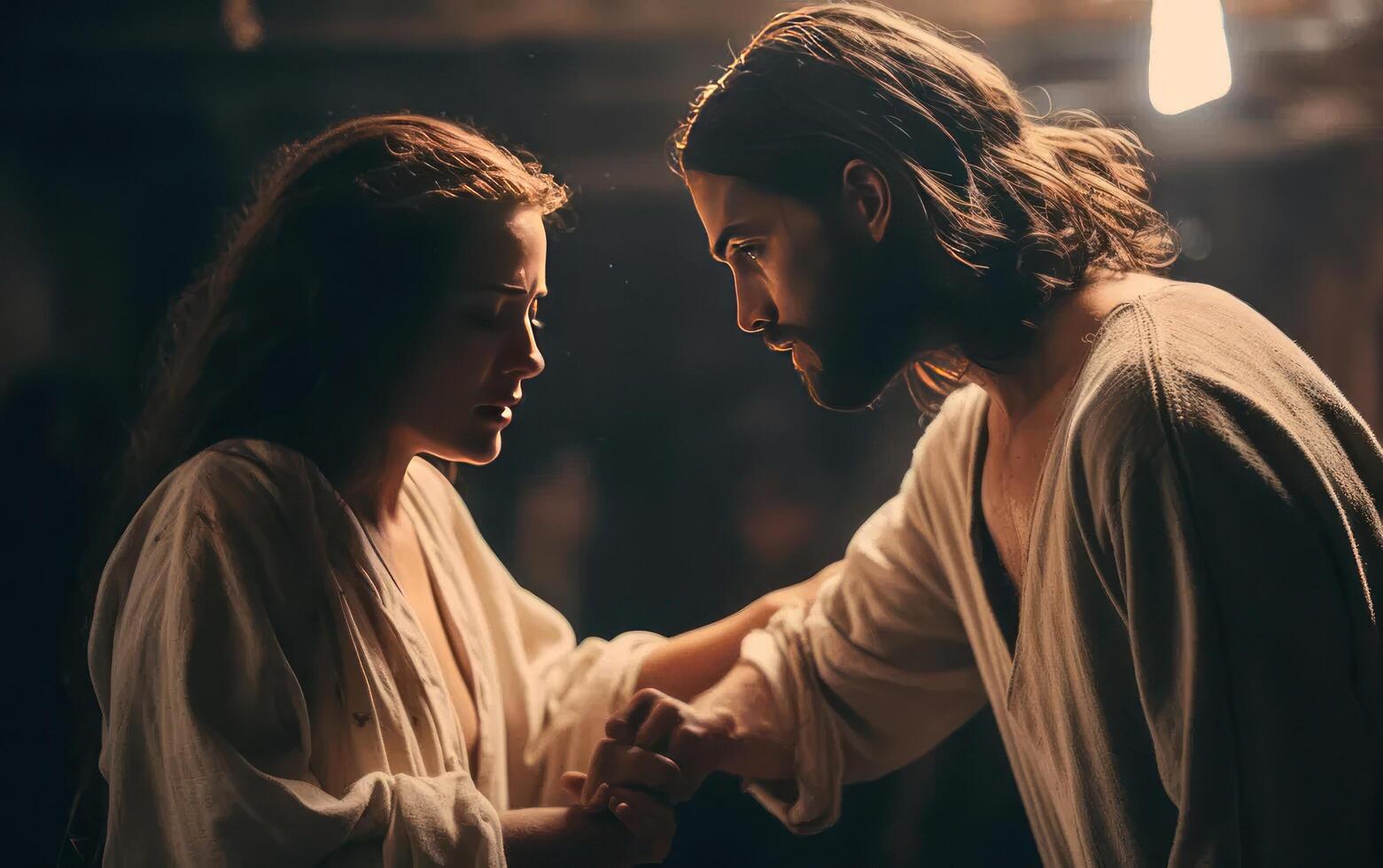 AI generated Jesus heals the daughter of Jairus. Generative AI photo