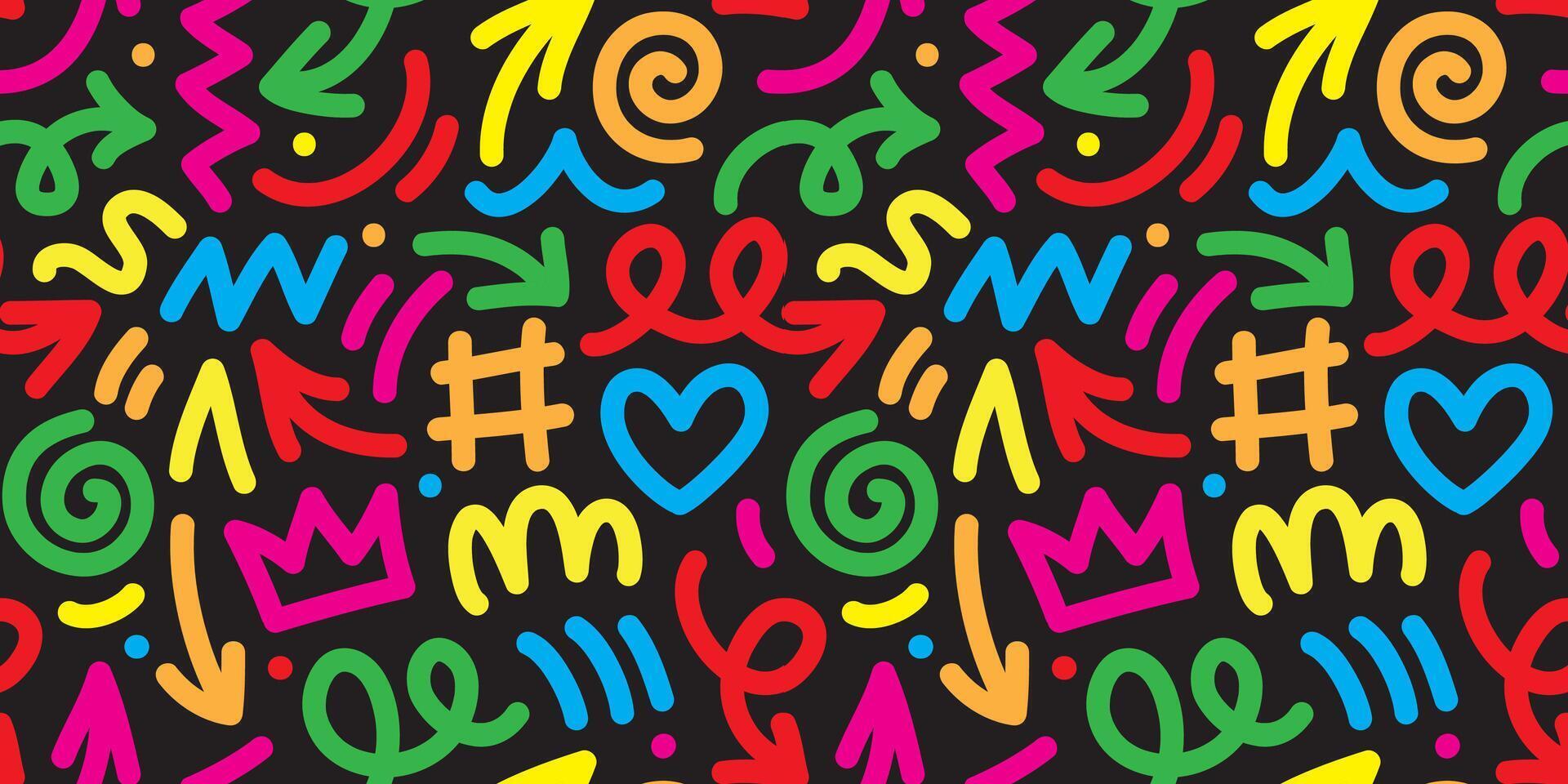 fun colorful line doodle seamless pattern. Creative abstract art background collection for children or festive celebration design. Simple childish scribble wallpaper print texture bundle. vector