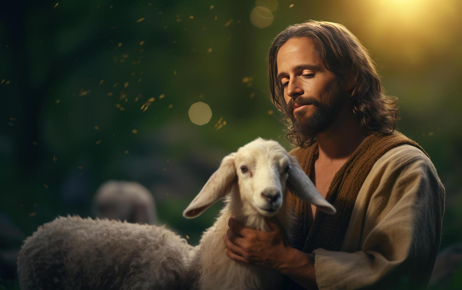 AI generated A bible jesus shepherd with his flock of sheep during sunset. Generative AI photo