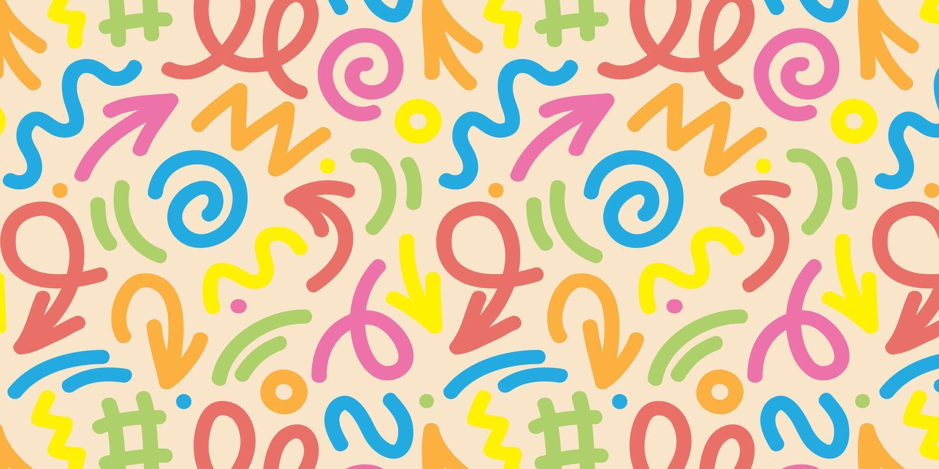fun colorful line doodle seamless pattern. Creative abstract art background collection for children or festive celebration design. Simple childish scribble wallpaper print texture bundle. vector