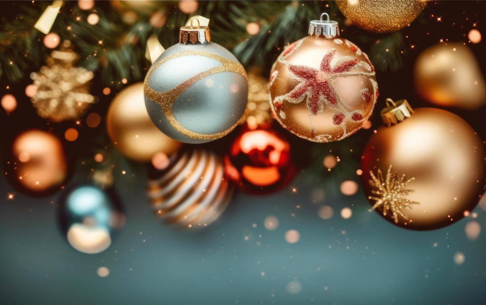 AI generated Christmas frame with balls on a green background, flat lay with copy space. Ai Generative photo
