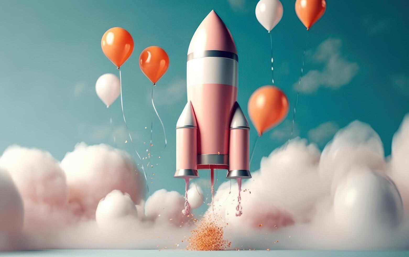 AI generated Space birthday party. Space rocket with balloons on sky. AI Generative photo