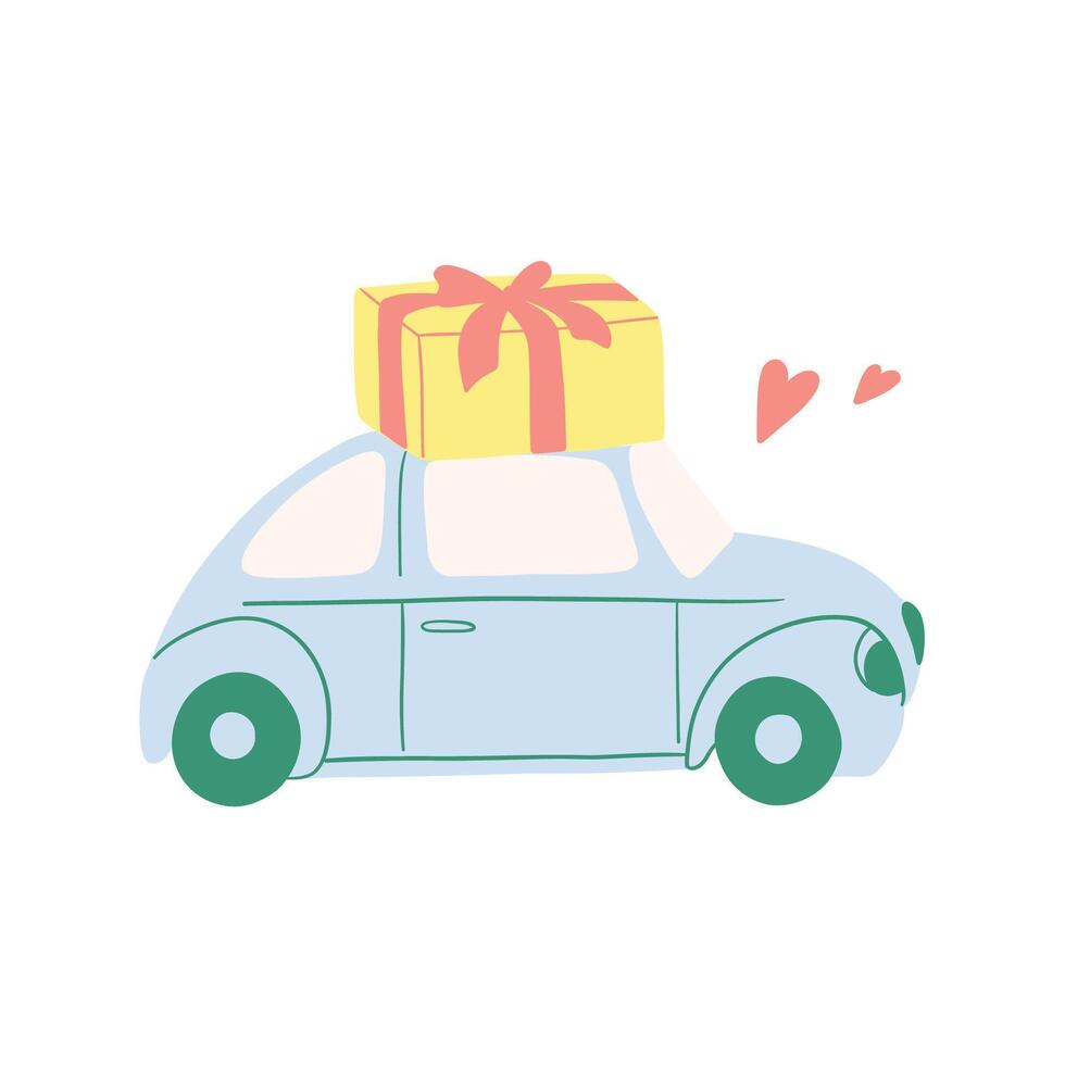 azul retro coche es que lleva regalos. febrero 14 tarjeta, San Valentín día. regalos entrega. 8 marzo, internacional contento De las mujeres día. mano dibujado vector diseño