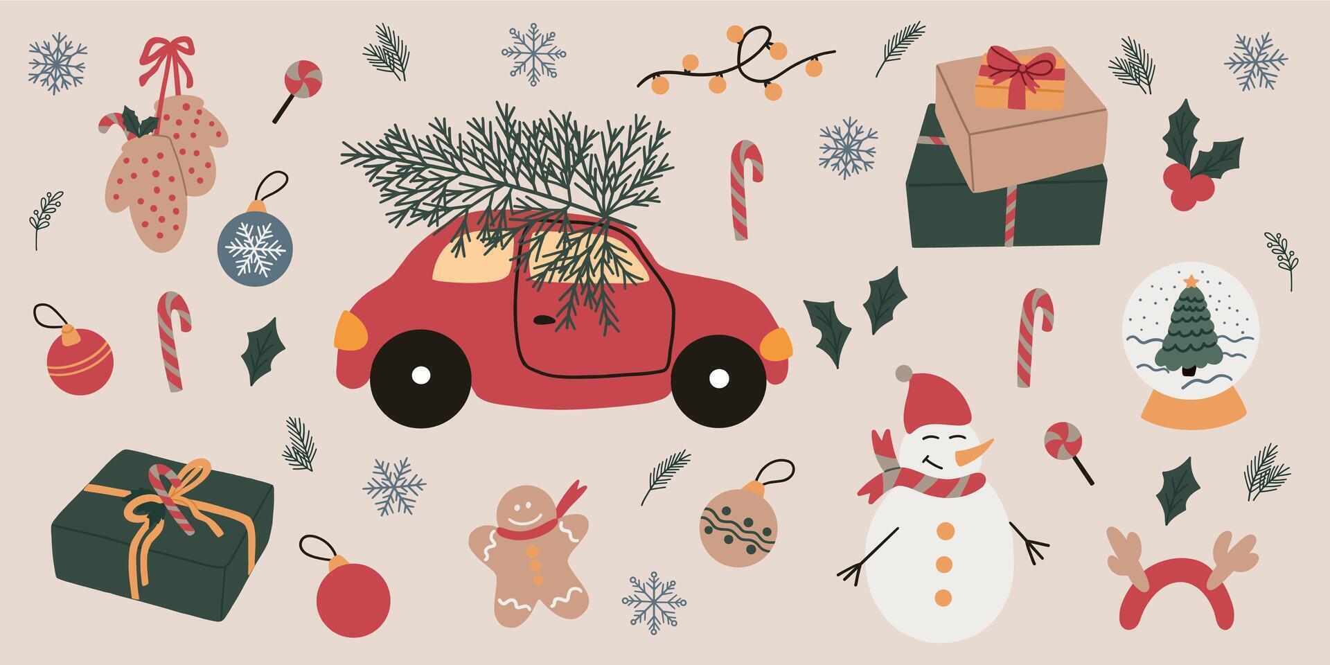 Merry Christmas and Happy New Year elements. Cozy collection. Set of traditional winter symbols. Snowman, car, gifts, snowflake, gingerbread man and other. Happy holliday. Hand drawn vector design