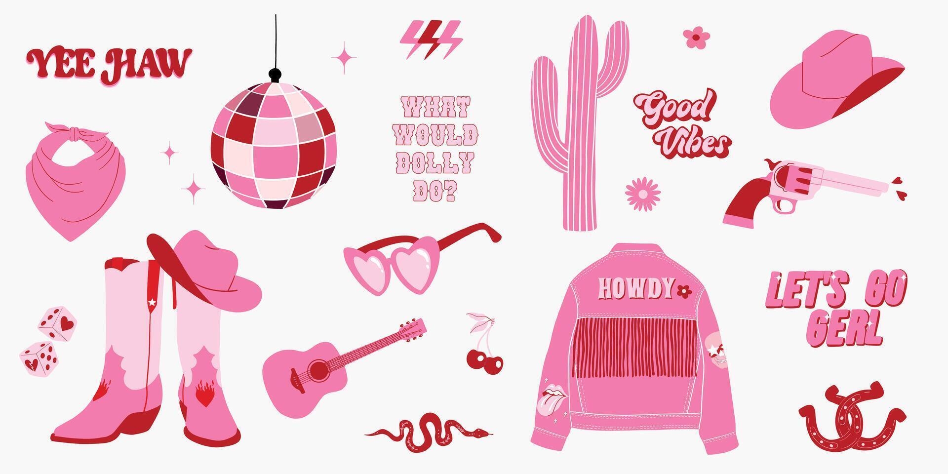 de moda rosado vaquera colocar. retro colección de vaquero botas y sombrero, disco pelota, herradura, cactus, pistola, chaqueta y letras. salvaje Oeste, occidental temático mano dibujado vector diseño