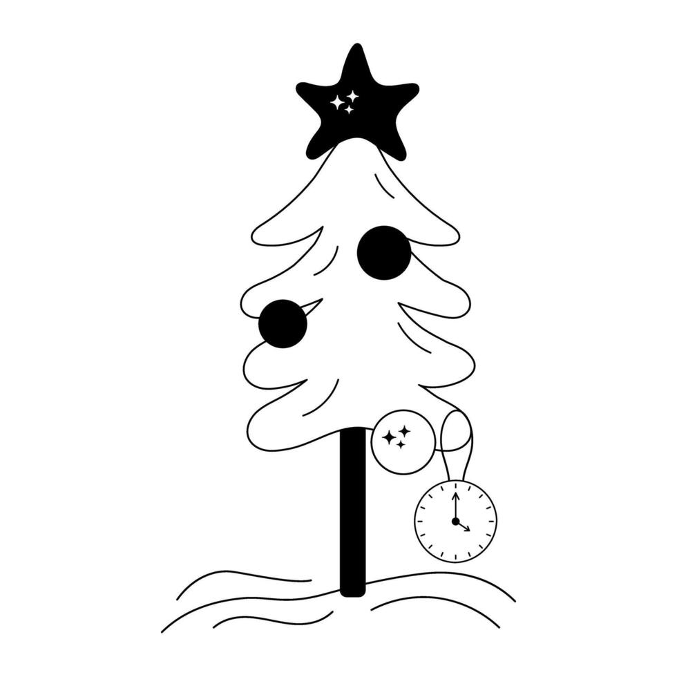 Doodle isolated Christmas tree Black and white Vector New Year fir tree, Balls, star, clock, chimes.