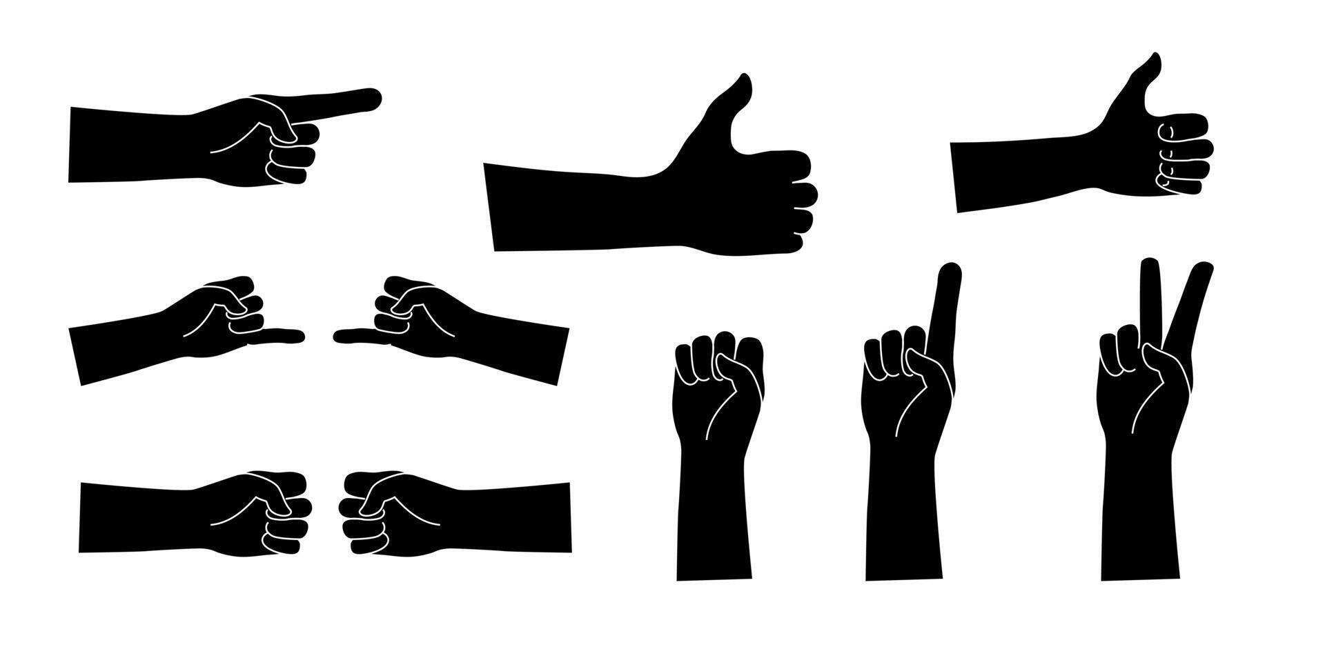 Hand gestures isolated vector icon black. Line art human hands show different signals, signs.